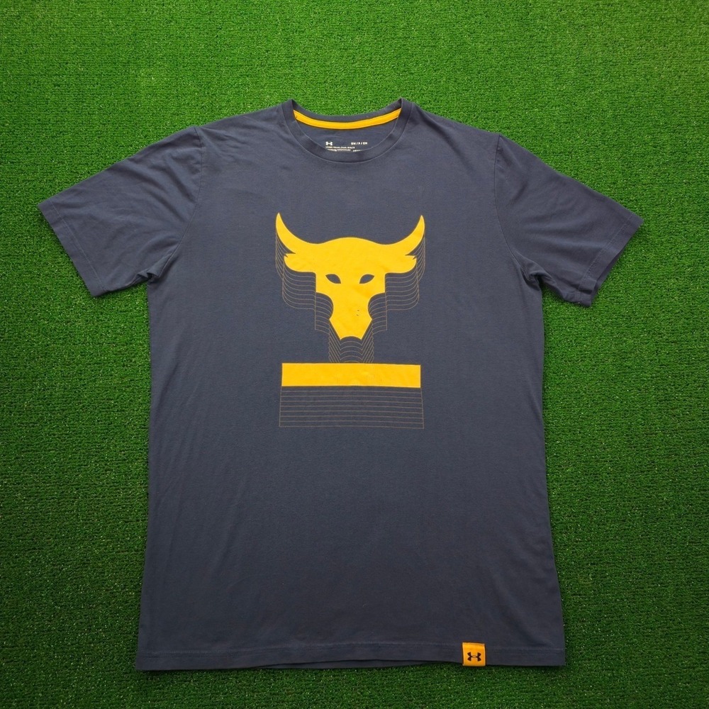Under Armour Project Rock Tshirt Mens Small Blue HeatGear Gym Bull Logo